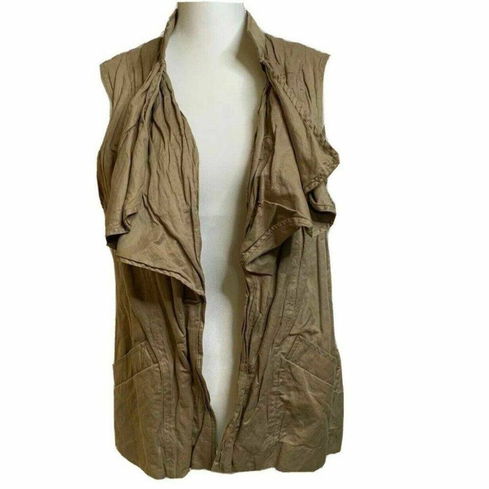 Chico’s Women’s sleeveless khaki Tank Vest Jacket Open Front V Neck SZ 2